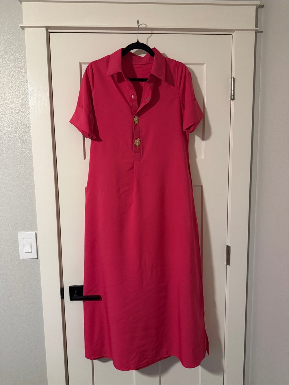 Classic Collared Maxi Shirt Dress in Bright Pink- never worn!
